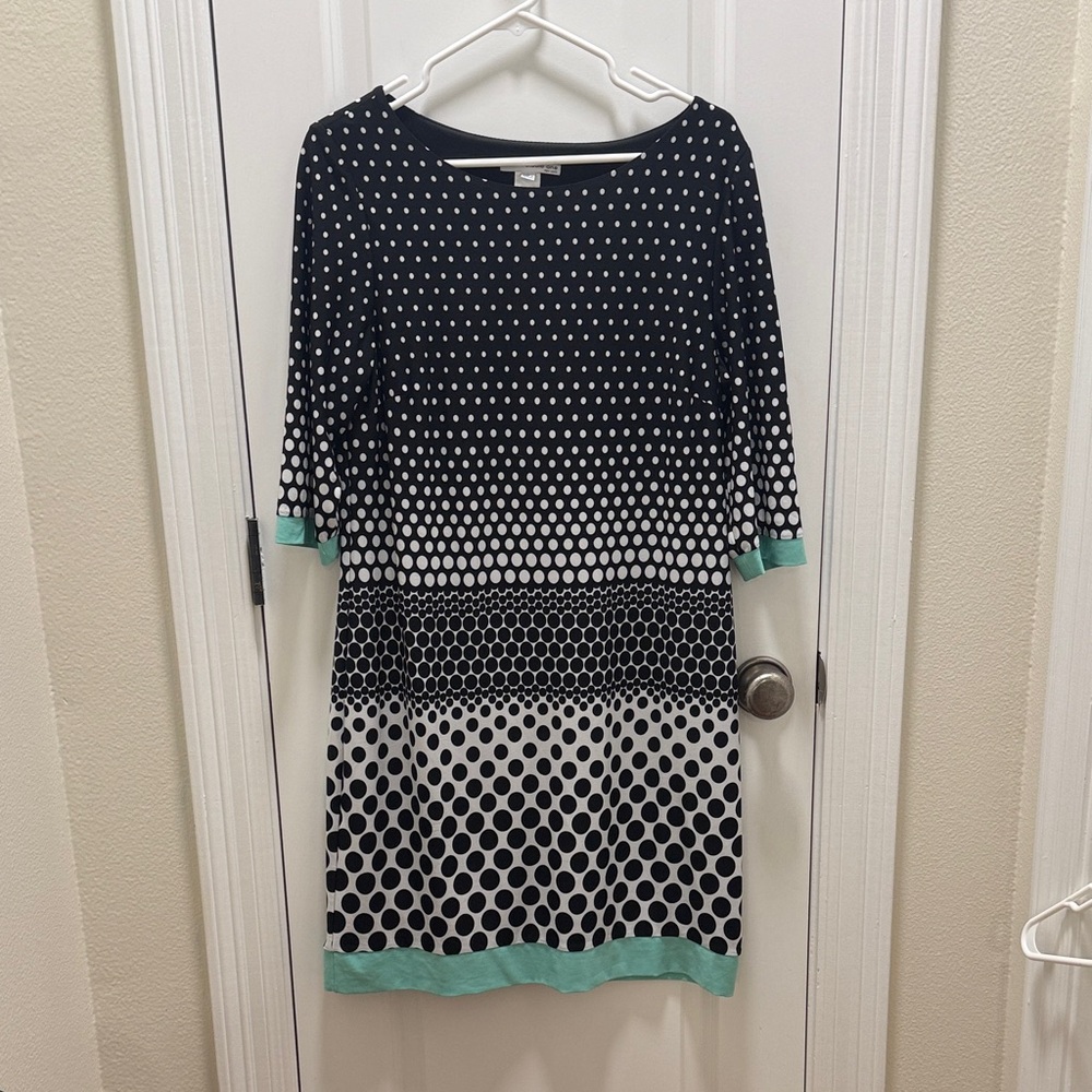 Studio One Black and White Polka Dot Shift Dress with Mint Trim
